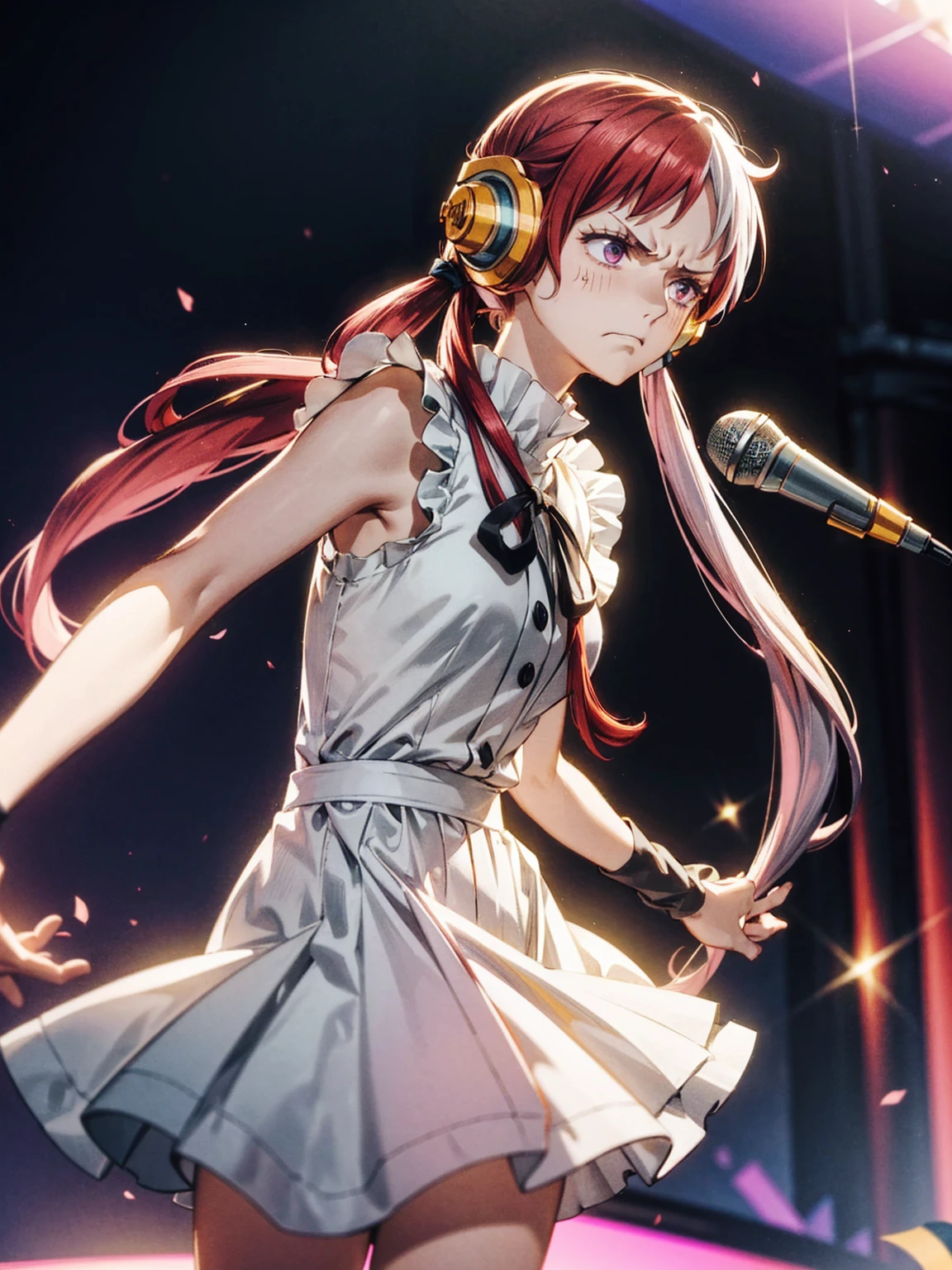 One girl,uta,uta onepiece,Long Hair, Split Color Hair, Redhead, multicoloRedhead, Long Hair, Two-tone hair, Hair Ring, Headphones, Gray Hair, bangs, very Long Hair, Medium chest, White Dress, Black Ribbon,holding a microphone with both hands,microphone,Idol Light,(Pink light),concert,(Angry expression:1.3),Angry face,(close),masterpiece,Highly detailed CG Unity 8k wallpaper, Highest quality,32K,Sharpen the focus,
