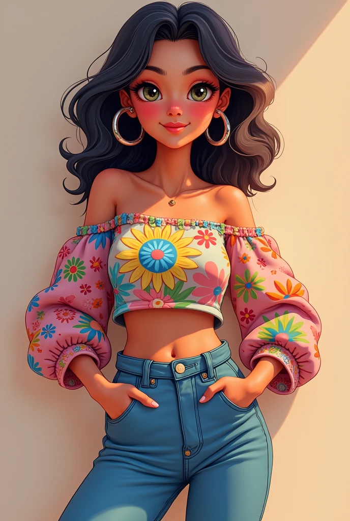 A girl that fits with the name Perla
(is not that skinny) she is like a little tiny bit fat and she is wearing a colorful and oversized crop top,  jeans