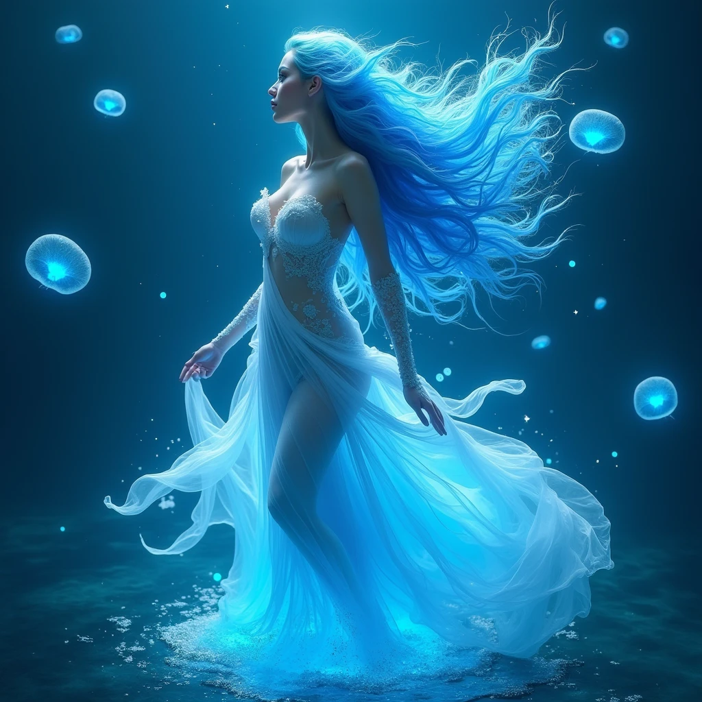 An ethereal ((Siren)) goddess, half-woman, half-oceanic spirit, with flowing blue hair that merges seamlessly with the sea. Her eyes are like glowing sapphires, and her voice carries a melodic yet haunting tone. Her upper body is covered in delicate, water-like fabric that flows as if it were liquid, and her lower body is a swirling mass of water and light. She stands on the surface of the ocean, surrounded by glowing jellyfish that illuminate her divine form.
