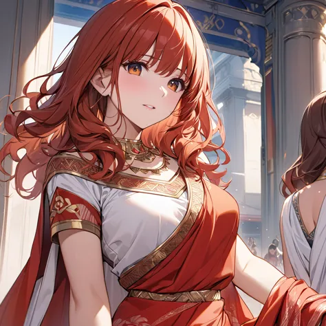 ((highest quality)), ((masterpiece)), (detailed), （perfect face）the woman is a celica with red hair.、the woman is wearing the tr...