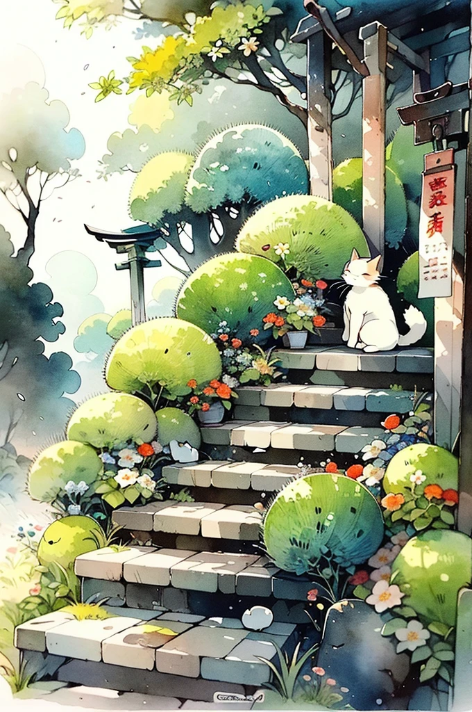 Torii,No humans,Cat,outdoor,stairs,plant,Grass,flower,Tree,watercolor \(Moderate\),