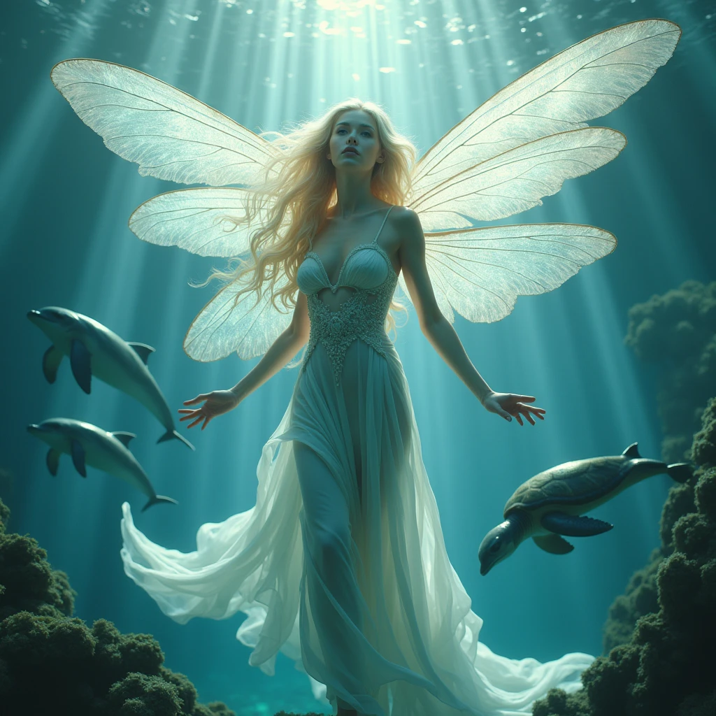 A serene and powerful Siren depicted as a goddess of the ocean. She has a delicate, ethereal appearance with translucent wings resembling those of a dragonfly, shimmering in the sunlight. Her skin has a pearlescent sheen, and her hair floats gracefully around her, seemingly weightless. She is surrounded by marine creatures like dolphins and sea turtles, all paying homage to her divine aura. The underwater palace behind her is bathed in a soft, mystical light.
