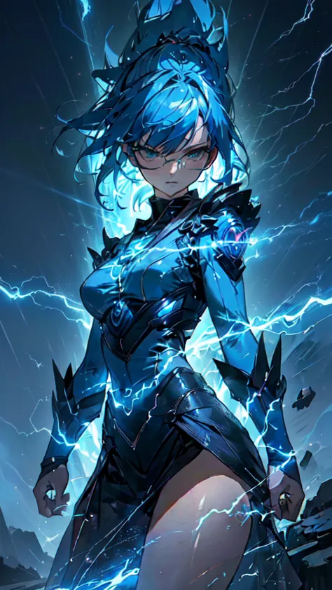 (masterpiece:1.3), close shot, a beautiful woman with blue hair, glasses, a serious face, with electric powers, in an incredible...