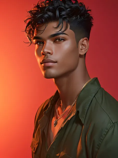 black graduation hair tousled with high fade sides, wearing an olive green shirt, light material, open at the chest revealing a ...