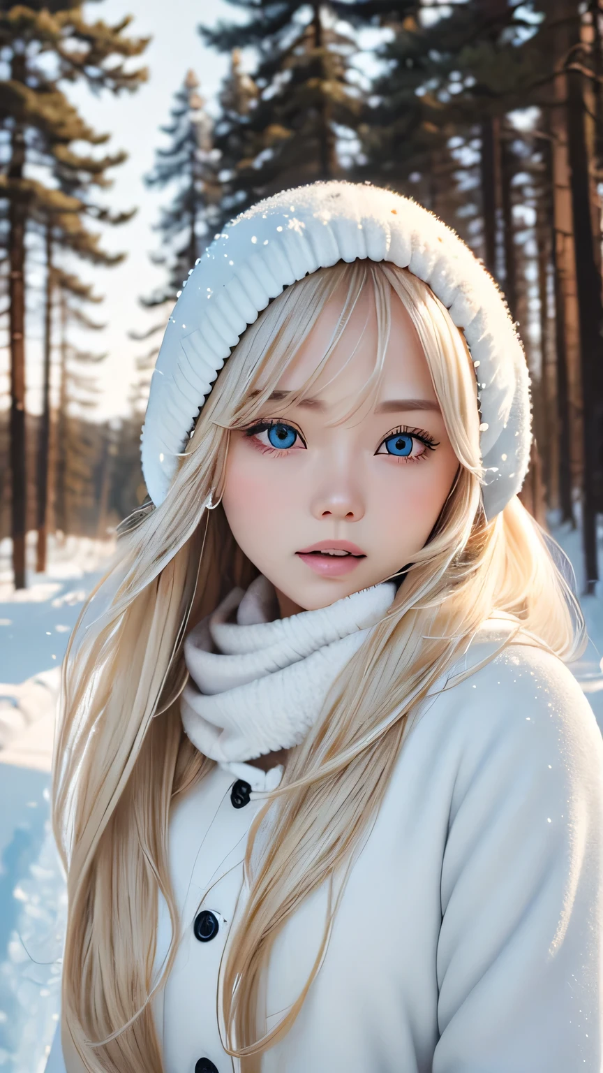 Solo, Very beautiful Scandinavian girl、Shiny light blonde hair, Beautiful super long straight dazzling blonde hair fluttering in the strong wind,Long bangs obstruct the view、 The very large eyes are a pale sky blue., A detailed face, White skin、Cheek gloss highlighter、Mittens, White scarf, Full Body, Snow Forest, Attractive area, (Nose Brush, Heavy breathing:1.1), (Gloomy:1.4)