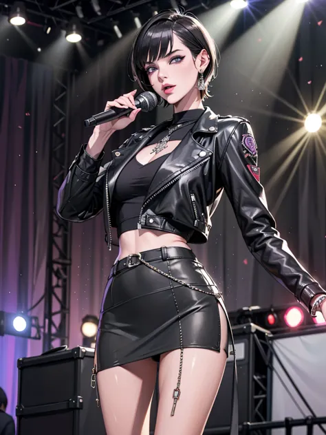 1，black short hair，photorealism，detailed，masterpiece， (lean), young girls，short leather skirt、dark leather jacket，1，aldult, (pun...