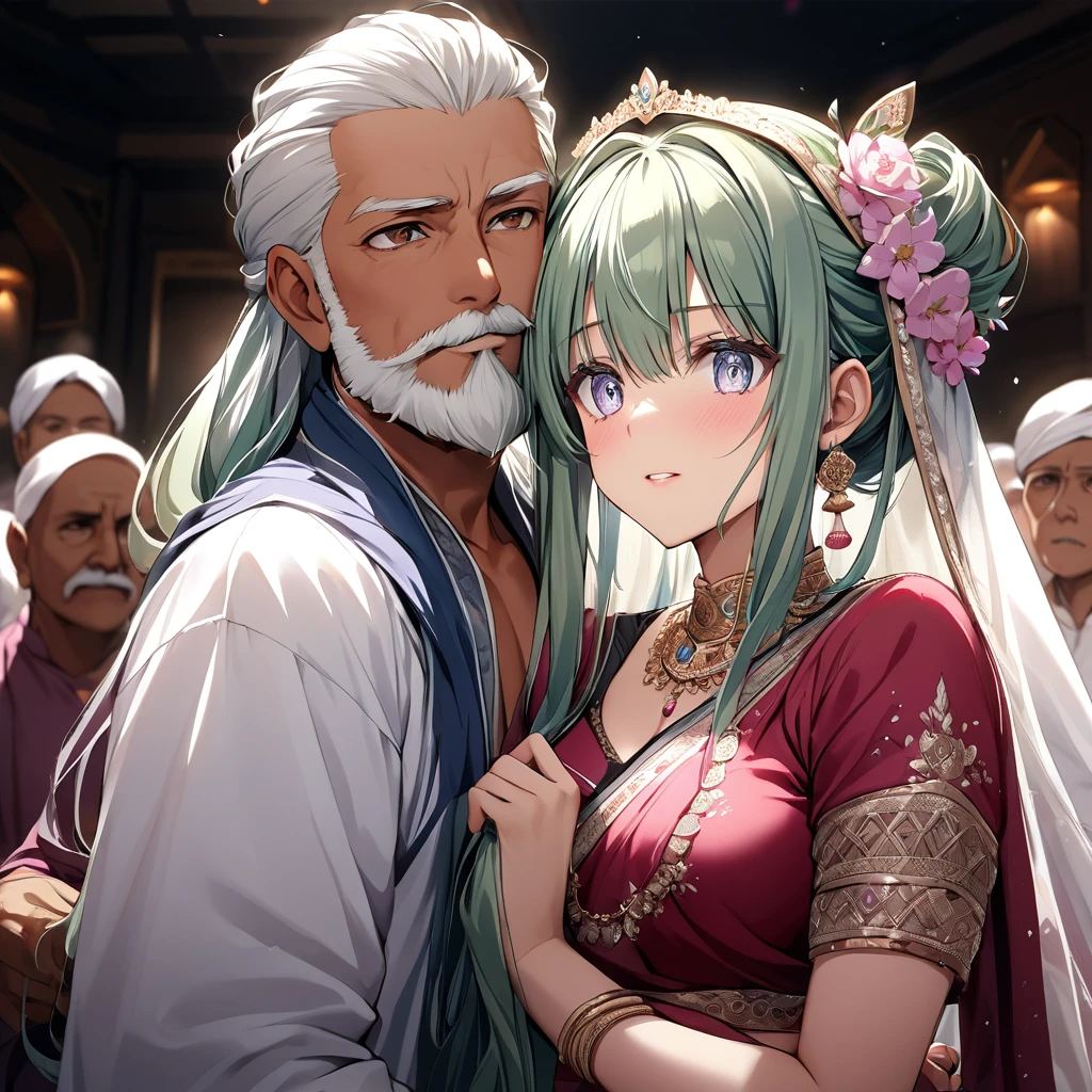 ((Highest quality)), ((masterpiece)), (detailed), （Perfect Face）、The woman is Extia Flora、The woman is wearing the traditional Indian dress, a sari.、The woman is getting married to a middle-aged Indian man with a beard.