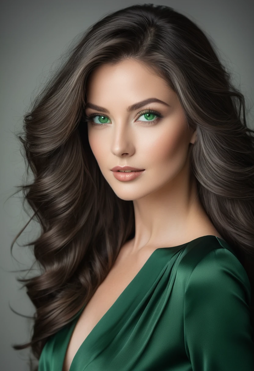 Create an image of a confident woman exuding elegance and charm (((dark green|gray eyes))), with flowing hair and striking green eyes. She should be posed in a soft, natural light setting, wearing a stylish yet understated outfit that enhances her allure. The background should be a subtle blend of colors to ensure the focus remains on her captivating expression.