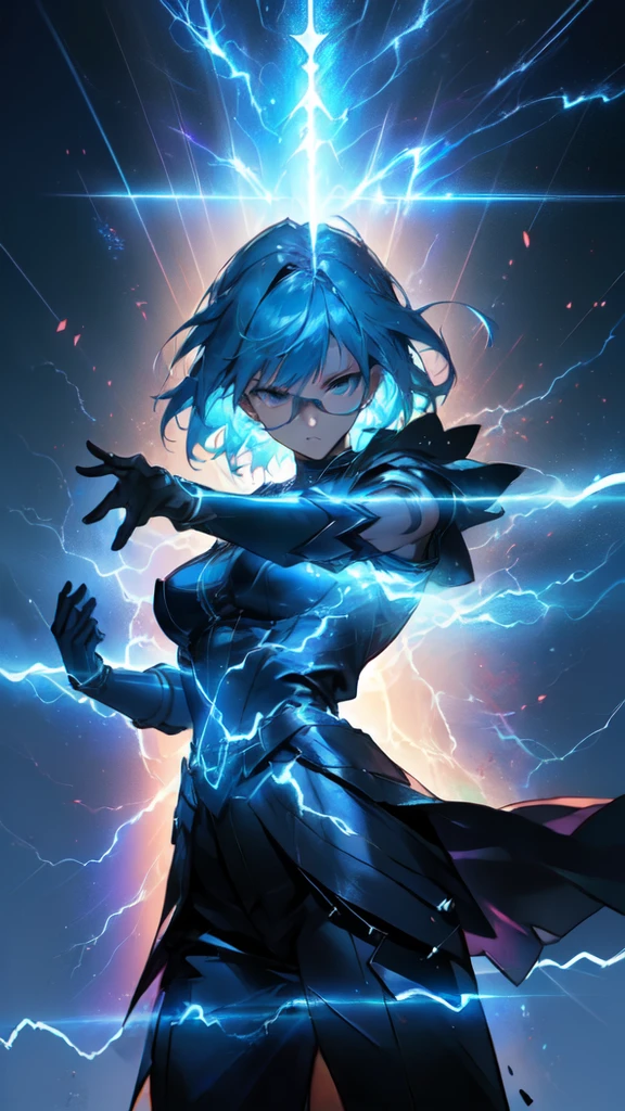 (masterpiece:1.3), Close shot, a beautiful woman with blue hair, glasses, a serious face, with electric powers, in an incredible dynamic pose, thunder aura, cinematic lighting, god rays, anime style, UHD, masterpiece, accurate, high quality, highres, 8k, By bad artist, By bad artist -neg.