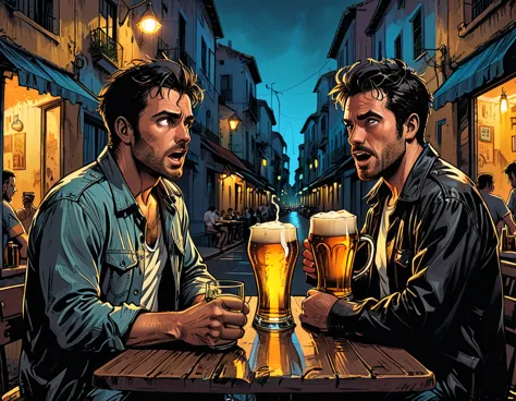 two drunk men sit at a table on the street and drink beer from mugs, tropics, night, drunk and surprised, two men,graphic style ...