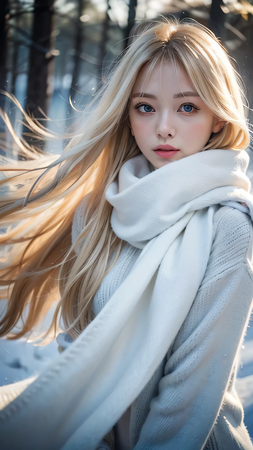 Solo, Very beautiful Scandinavian girl、Shiny light blonde hair, Beautiful super long straight dazzling blonde hair fluttering in the strong wind,Long bangs obstruct the view、 The very large eyes are a pale sky blue., A detailed face, White skin、Cheek gloss highlighter、Mittens, White scarf, Full Body, Snow Forest, Attractive area, (Nose Brush, Heavy breathing:1.1), (Gloomy:1.4)