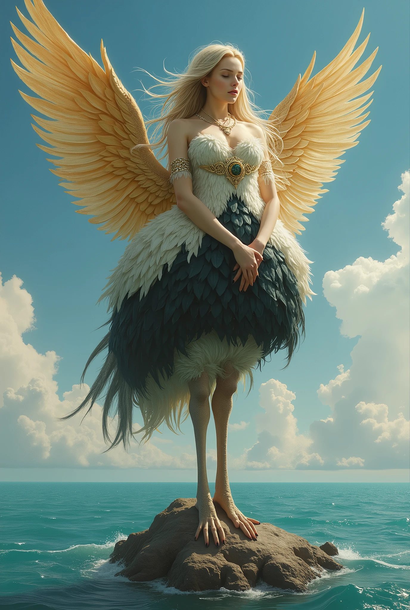 A strange creature with ostrich feet and toes, a body covered with many feathers, like a feathered garment, golden wings from its back, and the face of a beautiful woman with flowing hair. Her hands folded in front of her chest, she stands on a reef in the sea and sings. Her beautiful figure and her singing accentuate her bewitching and mysterious nature, bewitching the sailors.