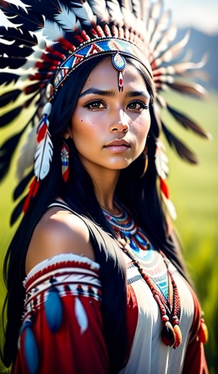 rosto de frente, native american woman, Indigenous, woman with feather headdress