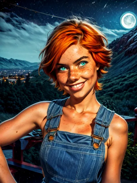 1girl, sxfrances, short hair, orange hair, green eyes, freckles, smile, red overalls, blue shirt, roll up sleeve, mountain, moon...