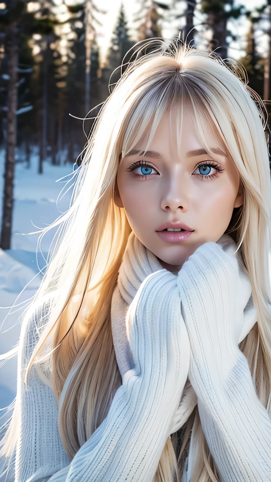 Solo, Very beautiful Scandinavian girl、Shiny light blonde hair, Beautiful super long straight dazzling blonde hair fluttering in the strong wind,Long bangs obstruct the view、 The very large eyes are a pale sky blue., A detailed face, White skin、Cheek gloss highlighter、Mittens, White scarf, Full Body, Snow Forest, Attractive area, (Nose Brush, Heavy breathing:1.1), (Gloomy:1.4)