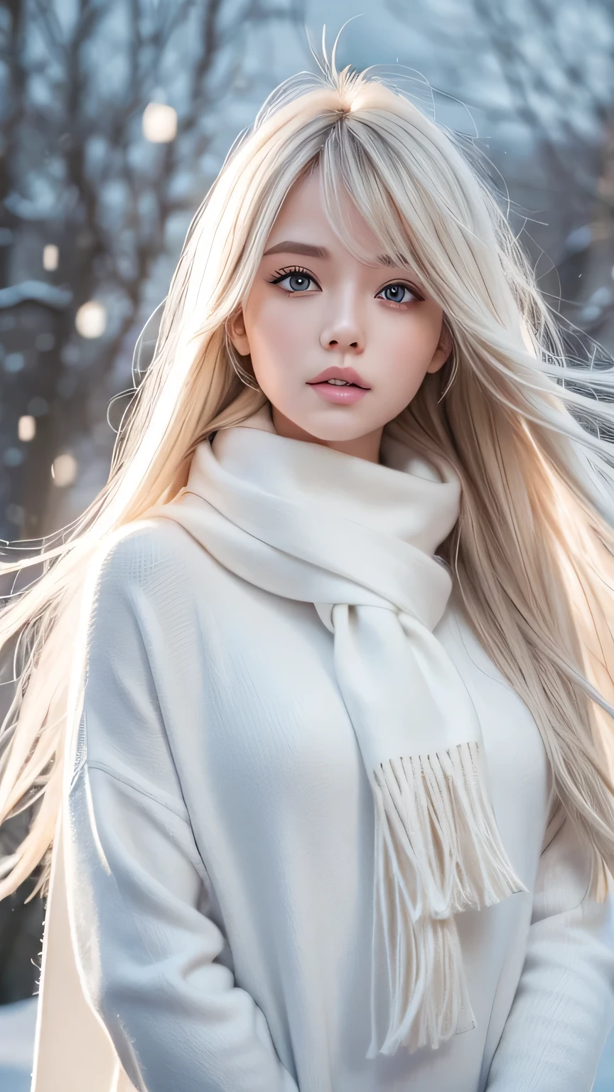 Solo, Very beautiful Scandinavian girl、Shiny light blonde hair, Beautiful super long straight dazzling blonde hair fluttering in the strong wind,Long bangs obstruct the view、 The very large eyes are a pale sky blue., A detailed face, White skin、Cheek gloss highlighter、Mittens, White scarf, Full Body, Snow Forest, Attractive area, (Nose Brush, Heavy breathing:1.1), (Gloomy:1.4)