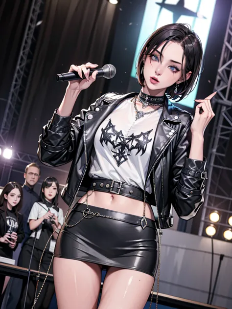 1，black short hair，photorealism，detailed，masterpiece， (lean), young girls，short leather skirt、dark leather jacket，1，aldult, (pun...