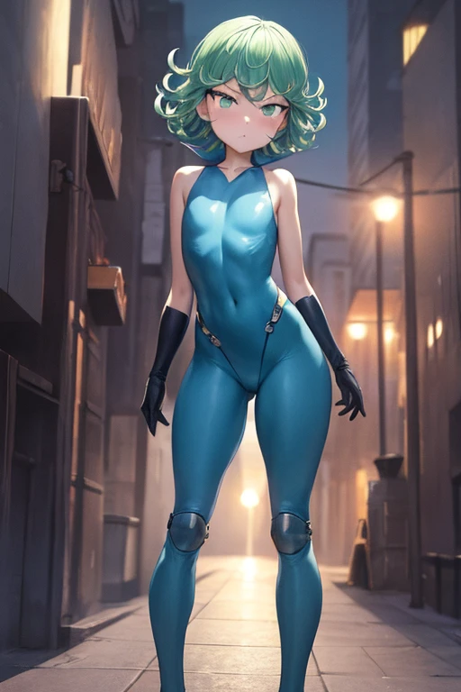 Masterpiece, Best Quality, Ultra Detailed, Illustration, Epic Lighting, Cinematic Composition, 1 Girl, Tatsumaki, Short Hair, Green Hair, Very Small Breasts, Green Eyes, Glowing Eyes, Pouting, Blushing, Closed Mouth, Piercing Gaze, Full Body, Black Collar, Tall, Thin, Shock Collar, Black Gloves, Black Chest Harness Belt, Light Blue Wrist Guards, Sleeveless, Light Blue Likeness Suit, Light Blue Suit With An Emblem, Orange Circular Emblem On Chest, Orange Emblem, Light Blue Pants, Gray Knee Pads, Metallic Light Blue Boots, Black Superhero Belt, City Background, Standing On A Pier By The Sea During Daytime, Looking At Viewer, Anime