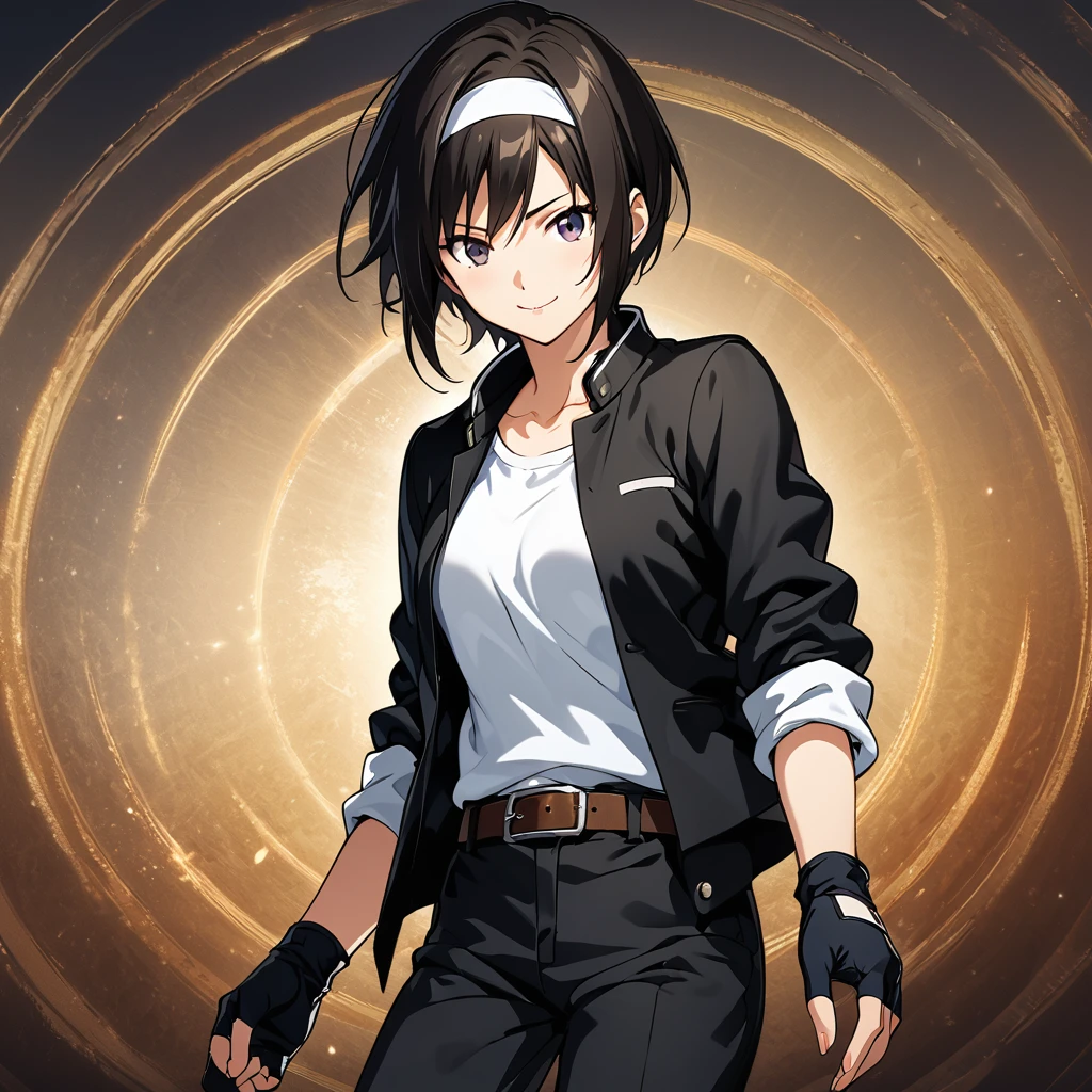 masterpiece, Highest quality, Highly detailed CG Unity 8k wallpaper, High School Girl Anime Illustration. Her outfit is（（black jacket with sleeves rolled up））,Fingerless gloves,White T-shirt, （（White headband））,Black trousers,White shoes,Please wear a brown belt, Point the index fingers of both hands, she has her eyes closed and mouth open, smile. Black Hair, black eye, twins, Bokeh Photo, (Soft Focus):1.2, Out of focus highlights, Dreamy atmosphere, Glowing circle, Fascinating Depth, The background is a realistic landscape
