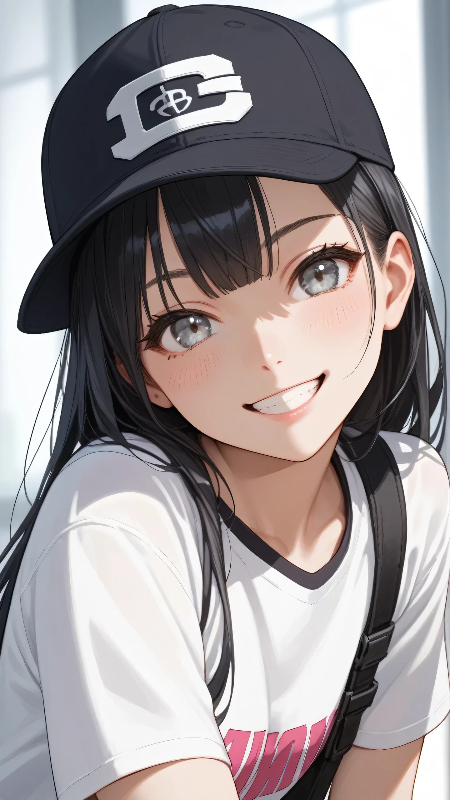 score_9, score_8_up, score_7_up, source_anime ,1girl,black hair, girl, smiling, silver eyes, baseball cap harajuku fashion 