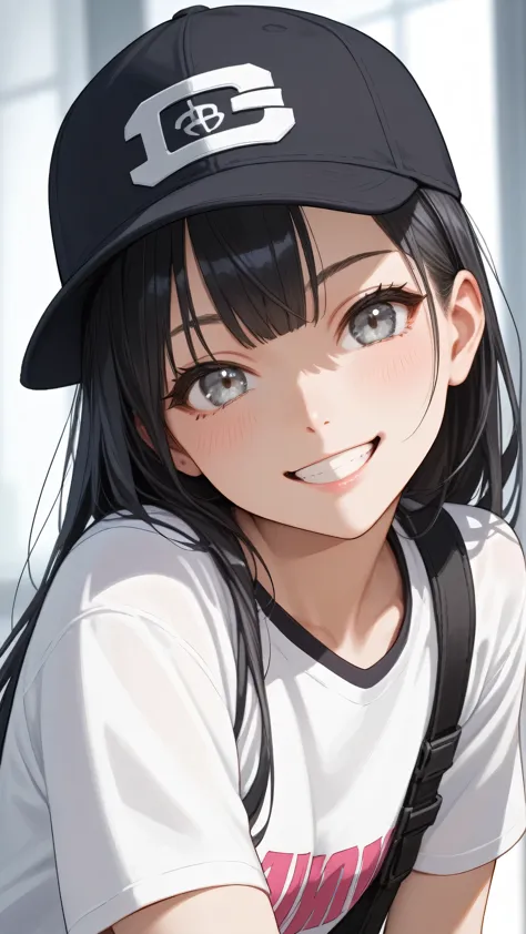 score_9, score_8_up, score_7_up, source_anime ,1girl,black hair, girl, smiling, silver eyes, baseball cap harajuku fashion