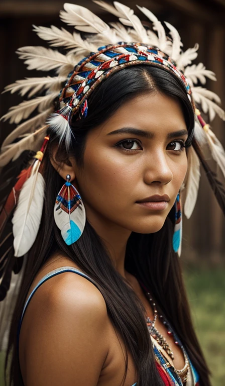 Front view of a Native American woman, woman with feather headdress, looking at the photo, rosto de frente, high quality image, 4k resolution, very detailed.