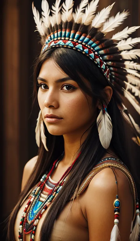 front view of a native american woman, woman with feather headdress, looking at the photo, rosto de frente, high quality image, ...