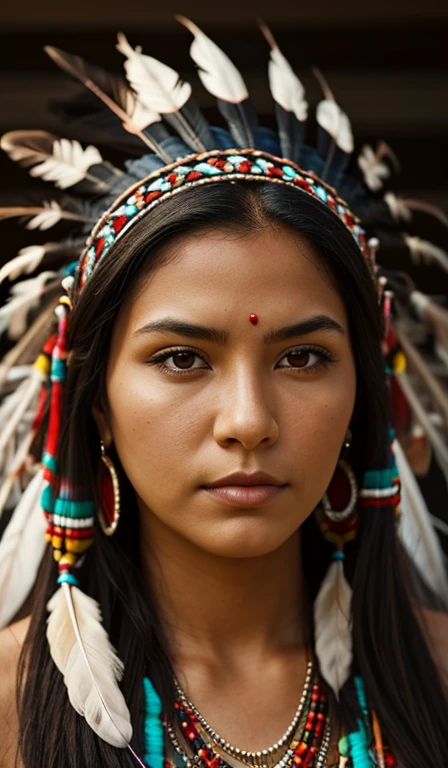 Front view of a Native American woman, woman with feather headdress, looking at the photo, rosto de frente, high quality image, 4k resolution, very detailed.