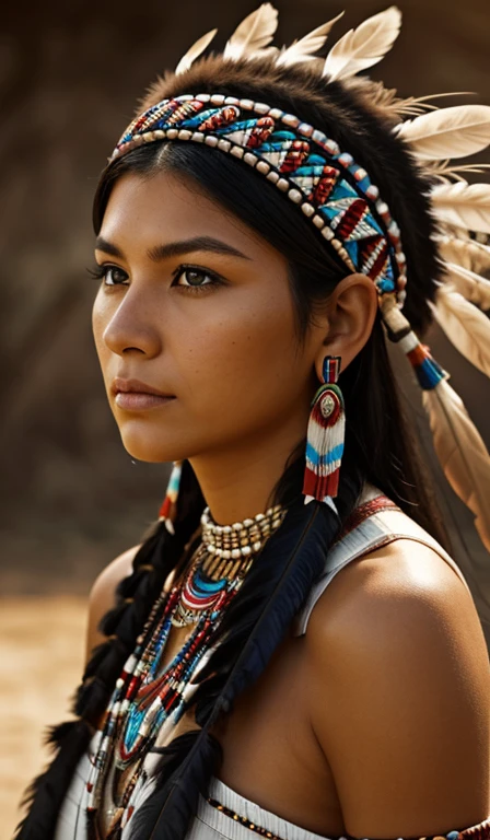 Front view of a Native American woman, woman with feather headdress, looking at the photo, rosto de frente, high quality image, 4k resolution, very detailed.