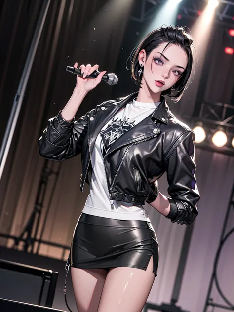 1，black short hair，photorealism，detailed，masterpiece， (lean), young girls，short leather skirt、dark leather jacket，1，aldult, (pun...