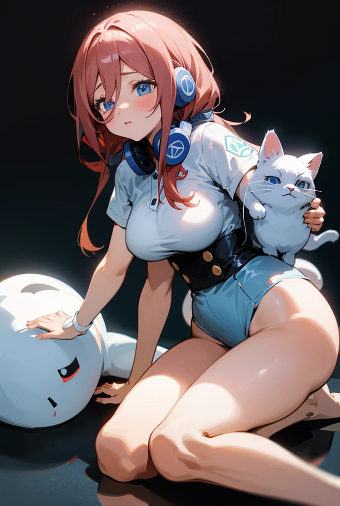 Miku Nakano,Full body view, a cute blue-eyed girl, with headphones and loose hair tilted to the left, with big breasts and thick thighs, in cat position face down glued to the floor , black background without details