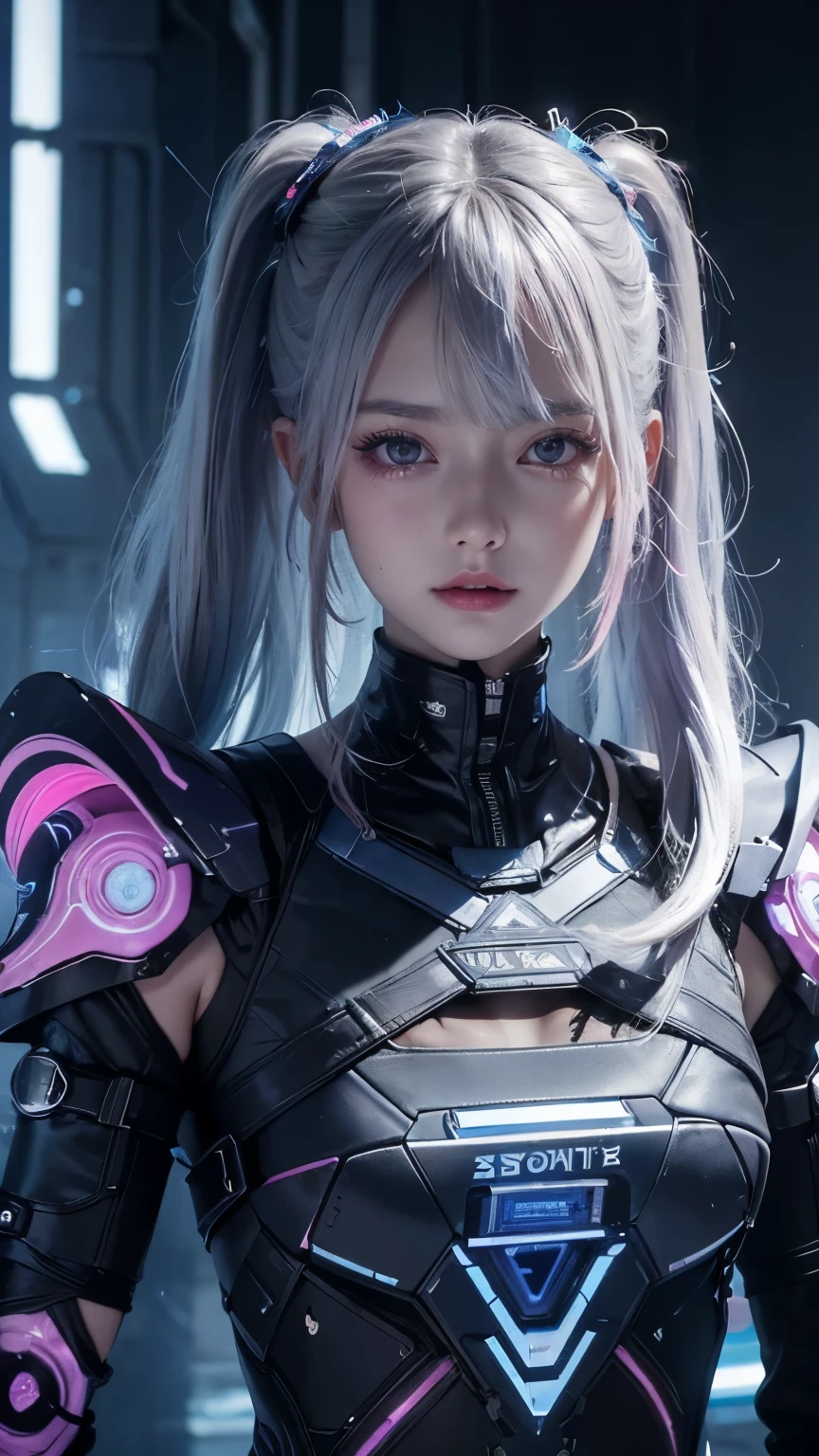 In a high-tech laboratory setting bathed in vibrant blue and pink hues, a young woman with long curly white hair styled in pigtails with black ribbons stands confidently. She adorns a striking silver and pink metallic bikini paired with intricate mechanical arm accessories, exuding a futuristic and edgy vibe. Her pale smooth skin contrasts against cybernetic implants, giving her a distinctly sci-fi appearance. Neon lights illuminate the scene, with dramatic lighting casting strong shadows as light emanates from multiple directions. The focal point is a central futuristic machinery, where the woman stands in a front view pose, looking straight ahead. The shallow depth of field and sharp focus on the subject emphasize vivid colors and high-detail exposure, creating a captivating sci-fi atmosphere.concept art
concept art
21%
cyberpunk art
21%
a detailed painting
20%
a character portrait
20%
a detailed drawing
20%
Artist
by Zhou Jichang
by Zhou Jichang
24%
by Urakusai Nagahide
24%
by Lü Ji
24%
by Tetsugoro Yorozu
24%
by Xu Wei
24%
Movement
fantasy art
fantasy art
22%
sots art
22%
vanitas
21%
rayonism
20%
computer art
20%
Trending
cg society contest winner
cg society contest winner
21%
trending on pixiv
21%
deviantart contest winner
21%
featured on deviantart
20%
pixiv contest winner
20%
Flavor
sharp black armor
sharp black armor
27%
cyberpunk knight
27%
dark-bringer
27%
dark warrior
27%
sleek purple armor
27%