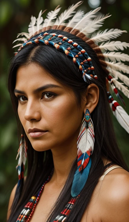 Front view of a Native American woman, woman of apparently 40 years old, woman with feather headdress on her head, looking at the photo, rosto de frente, high quality image, 4k resolution, very detailed.