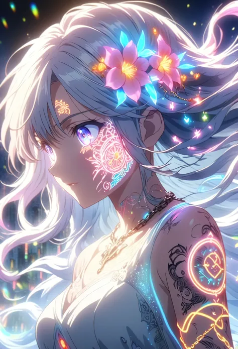 anime screenshot, artistic illustration of a female anime character with glowing neon flower and chain tattoos decorated in a sp...