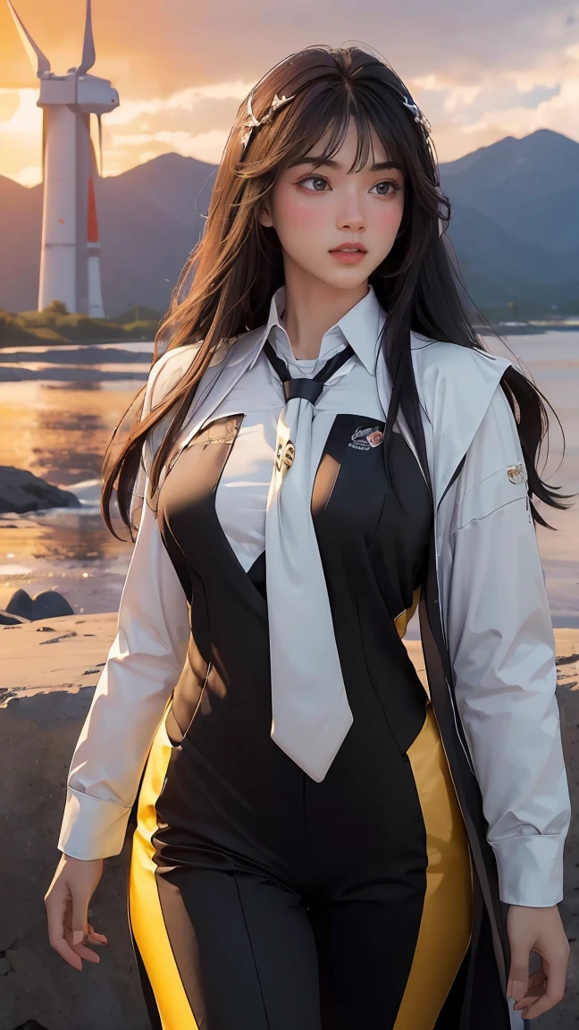 ((Masterpiece, best quality, very detailed), Volumetric light, surrounding occlusion, Rich and colorful, glow), 1 woman, lonely, young girl, (Black bangs), long hair, radius, wind energy, sacred, goddess, CEO vibe, (suit with necktie:1.3), armor, outdoor, sunset, sky, cloud, space, (Fantasy Theme:1.2),