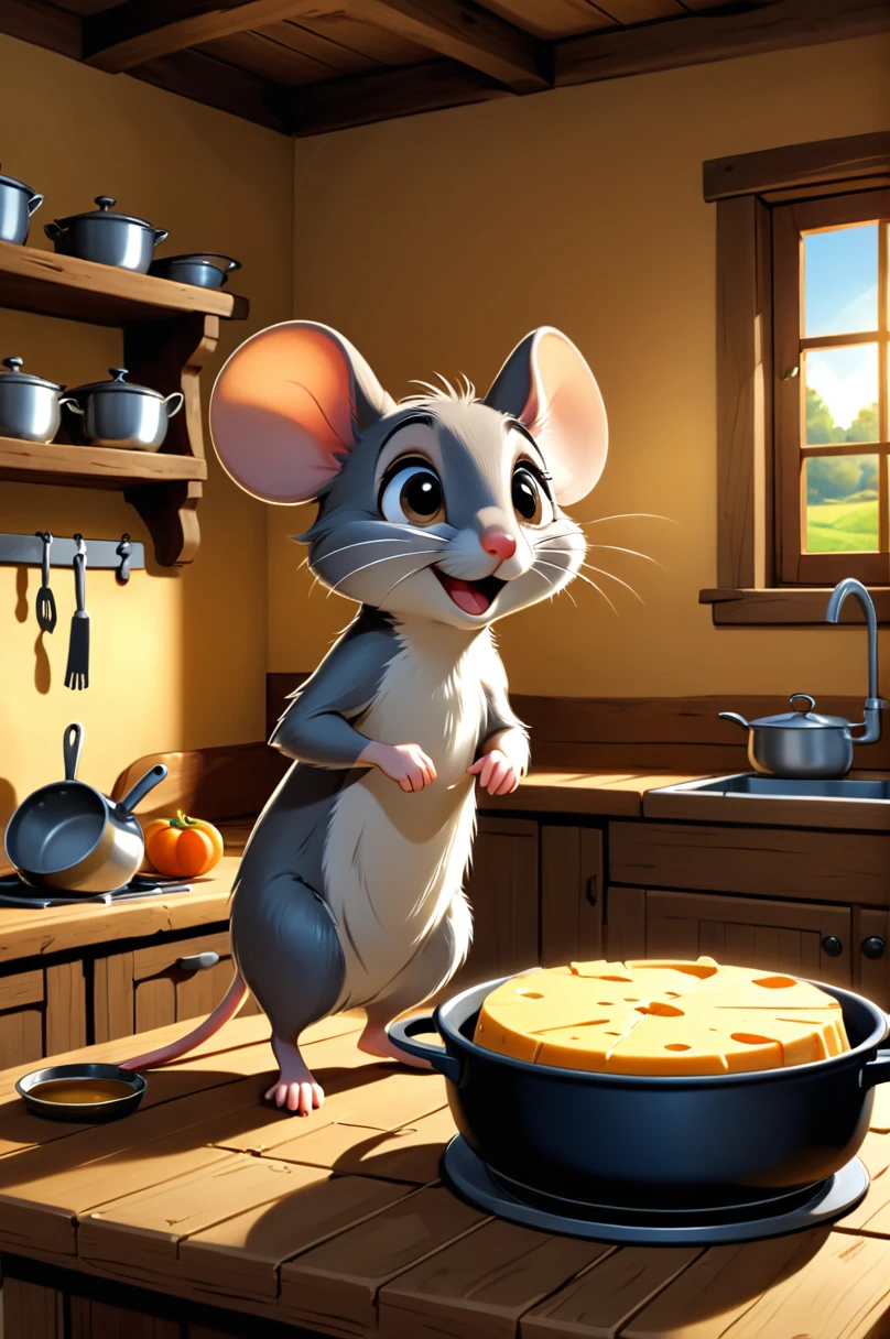 A small, cute mouse with big eyes, named Max, standing in a rustic farmhouse kitchen. He is looking up excitedly at a giant piece of cheese on a wooden table. The kitchen is cozy with an old-fashioned feel, with pots and pans hanging on the wall and sunlight streaming through a small window.