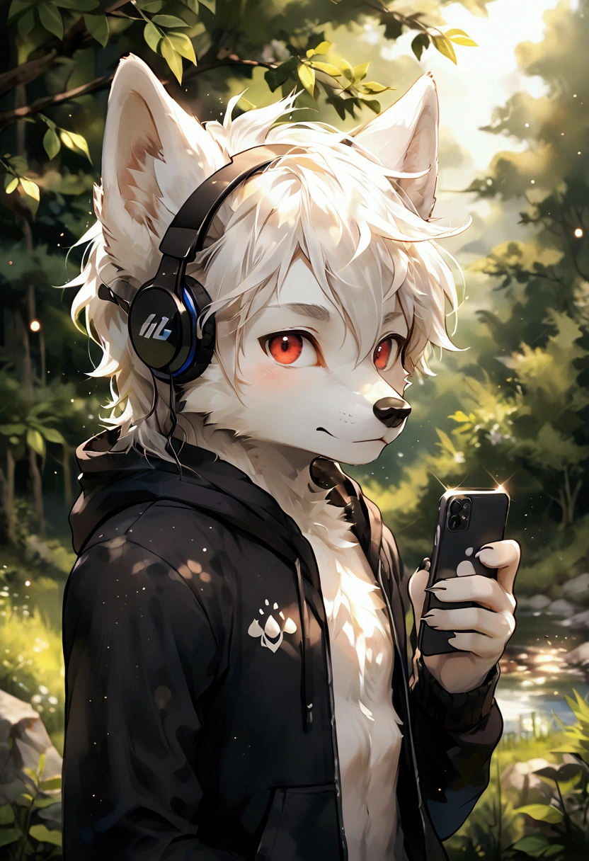 furry, masterpiece, high quality, absurd resolution, digital painting \(artwork\),soft lighting, solo, (humanoid male wolf), (white body), white hair short, fluffy, sunlight, side view, panoramic, portrait, looking at viewer, focus on character. (detailed backdrops, amazing backdrops), outdoor, landscape, light particles
furry, wolf, male,
Wolf boy, Adorable, red eyes, Fluffy white fur, white hair, slim, Skinny, black hoodie, wearing headphones, holding smartphone
