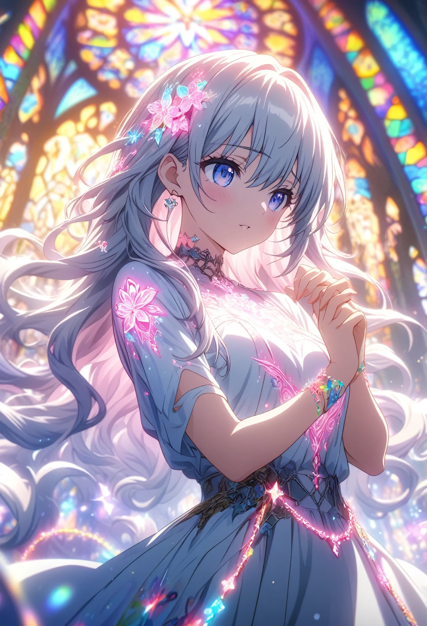 Masterpiece, highest quality, highly detailed CG Unity 8k wallpaper, anime screenshots, female anime character with neon chains. Art of a female anime character with a glowing neon flower tattoo and chains spiraling all over her body. This scene with flowing hair has a nice soft focus effect, highlighting the magical glow of the tattoo. Please take a prayer pose. In the background is a stained glass church. bokeh photography, (soft focus):1.2, out-of-focus highlights, dreamy ambiance, glowing circles, mesmerizing depth, depth of field