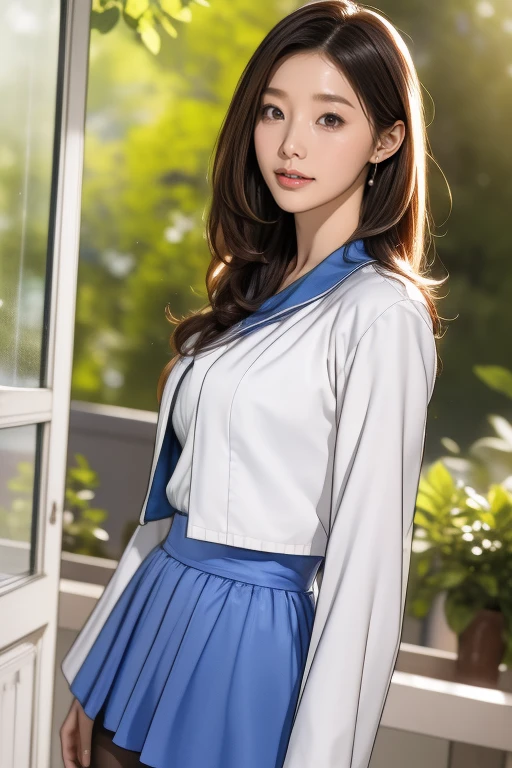 A woman in a white uniform is standing at the door, Simple Background, 白colorの背景,
army uniform, ((army,Jacket,Blue and white uniform,skirt)),
(black_pantyhose:1.3),
前hair,茶color_hair, length_hair,red eye,lipstick,compensate,
1 girl, 30 years old,young woman,beautiful Finger,beautiful length legs,beautiful body,beautiful Nose,beautiful character design, perfect eye, perfect face,expressive eye,Perfect balance,
View your viewers,(Focus on her face),Mouth closed, (Innocent_big_eye:1.0),Light_笑face,
Official Art,Very detailed CG ユニティ 8k 壁紙, Perfect lighting,colorful, bright_front_face_Lighting,White skin,
(masterpiece:1.0),(Highest_quality:1.0), 超High resolution,4K,Very detailed,
photograph, 8k, High resolution, High resolution, Absurd:1.2, 400 for Kodak Port, Film Grain, Blurred Background, Bokeh:1.2, Lens flare, (Vibrant_color:1.2),プロのphotograph,
(beautiful,Huge_chest:1.8,), (beautiful_face:1.5),(narrow_Waist), {Centered Images}, {faceのクローズアップ}, {faceとchestのphotographだけ}, To the camera, Look straight into the camera,