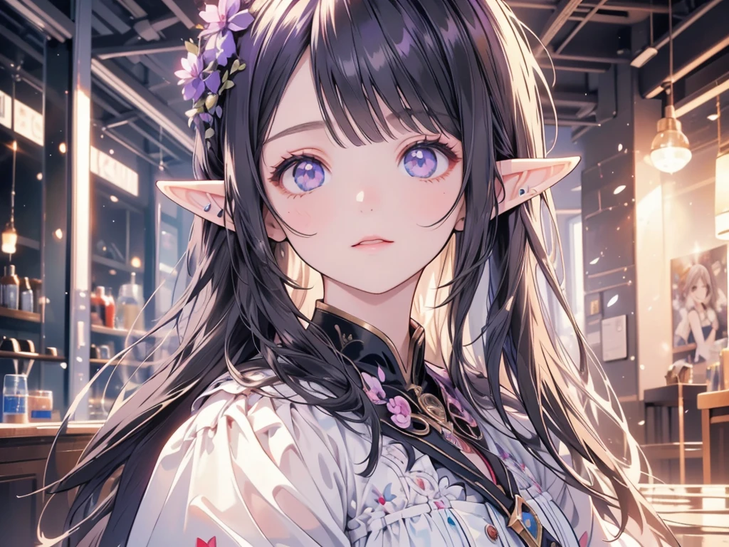 masterpiece, best quality, 1girl, ultra detailed, ultra highres, well-definded facial features, anatomically correct, cute girl, long pointy ears, elf, nice face, black hair, puple eyes, sharpshooter, shooting, battlefield, American propaganda poster,