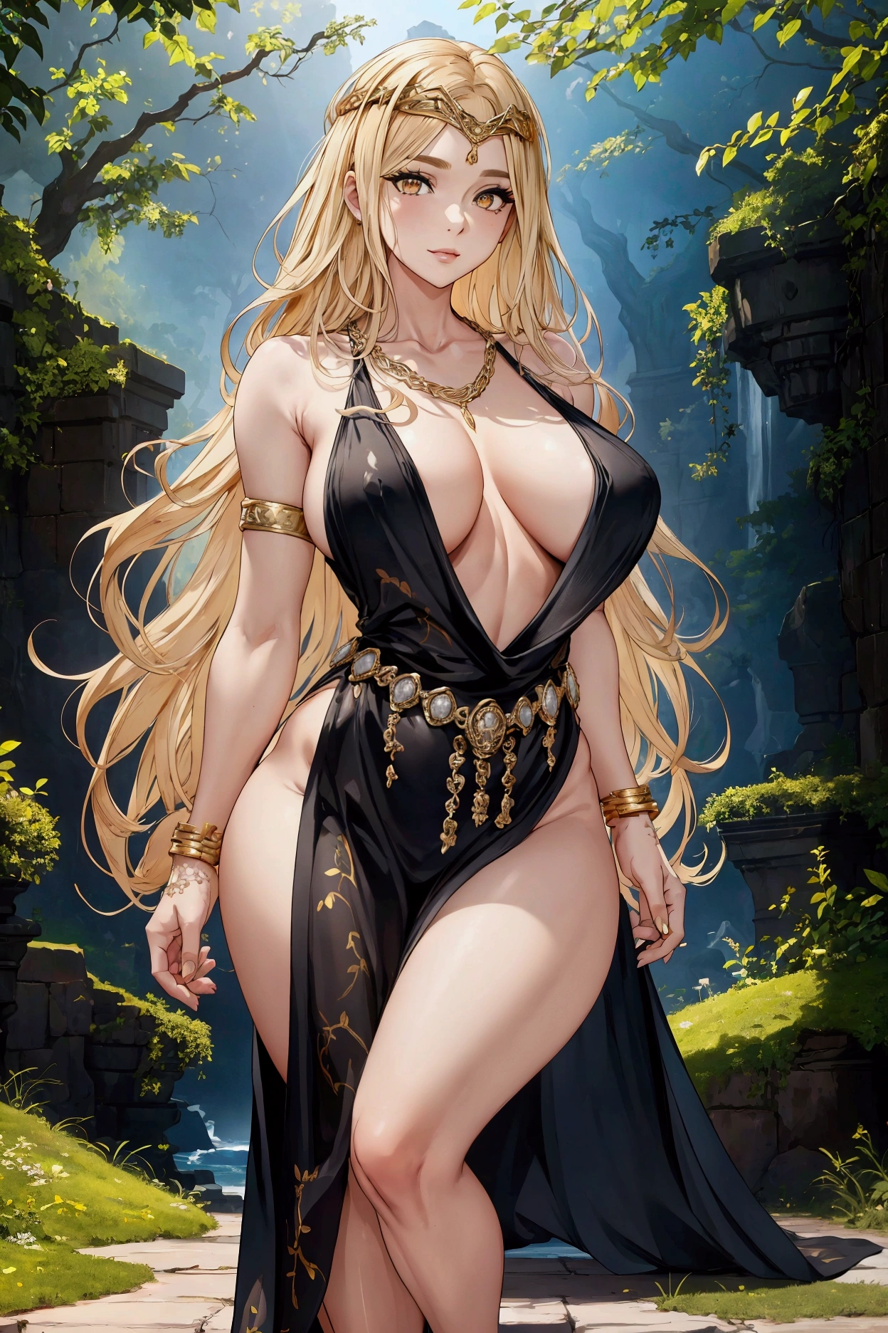 1 woman, Queen Marika, milf, serious smile, standing, in pose, one hand on her waist, hair blonde, long hair, braided hair, golden eyes, perfect eyes, beautiful face, (perfect face:1.3), Ultra-detailed face, (detailed face:1.3), sexy face, sexy woman, jewelry, bracelet, armlet, necklace, dress, bare_shoulders, large_breasts, black_dress, cleavage, solo,gold_chain, huge breasts, massive breasts, wide thighs, big ass, bare feet, looking at viewer, (outdoor), nature background, Ultra-detailed body, (detailed body:1.3), High quality, Masterpiece, Ethereal,Ultra-Detailed,8K, divine presence, breathtaking beauty, vivid colors reflects, front view, (full body:1)