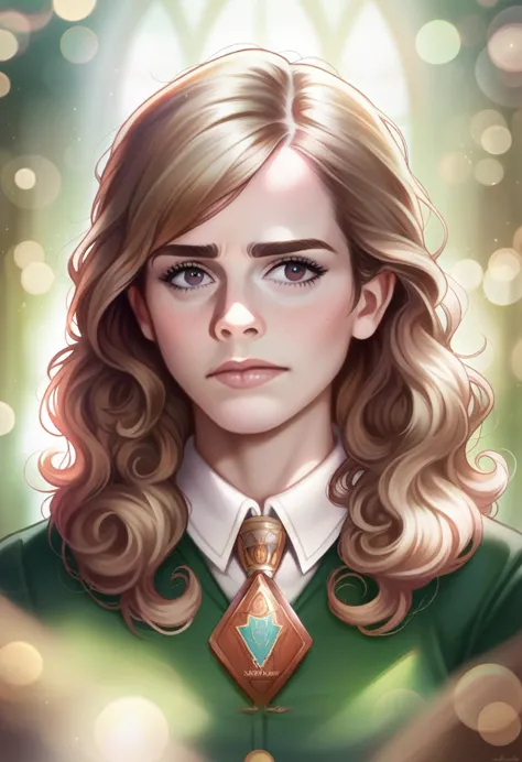 masterpiece, full view (portrait of emma watson as hermione granger), in an intimate hogwarts uniform, detailed, half body shot,...