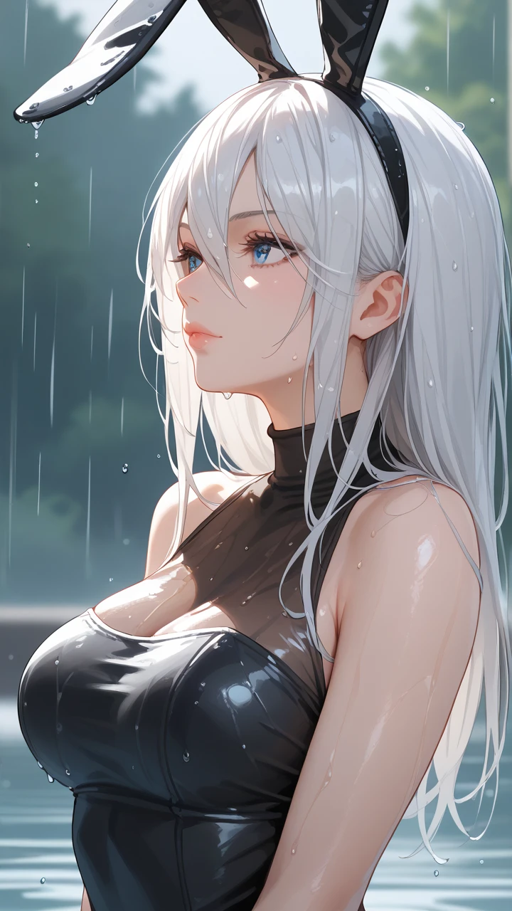 score_9, score_8_up, score_7_up, 1girl, solo, breasts, long hair, dress, blue eyes,bare shoulders, medium breasts, closed mouth, bunny ears, upper body, white hair, sleeveless, mole, blurry, black dress, lips, wet, depth of field, blurry background, turtleneck, phone, wet clothes, mole under mouth, facing viewer, rain, water drop, wet hair, yorha no. 2 type b