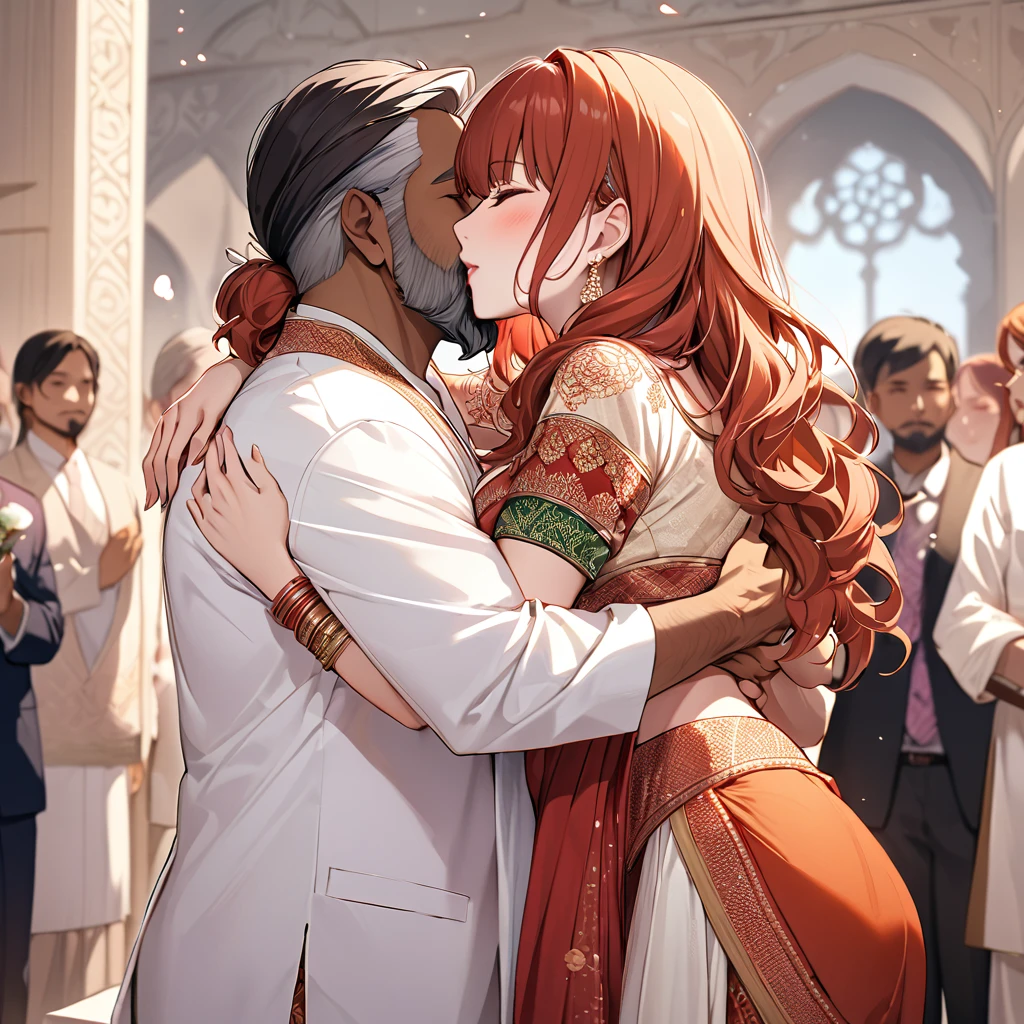 ((Highest quality)), ((masterpiece)), (detailed), （Perfect Face）The woman is a Celica with red hair.、The woman is wearing the traditional Indian dress, a sari.、The woman is embracing and kissing a middle-aged Indian man with a beard in their wedding ceremony.