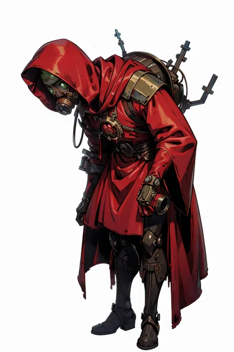 (((disfigured hunchback))), in adeptus mechanicus priest, priest robes, long robe, washed up red flowing modest ornate hooded te...