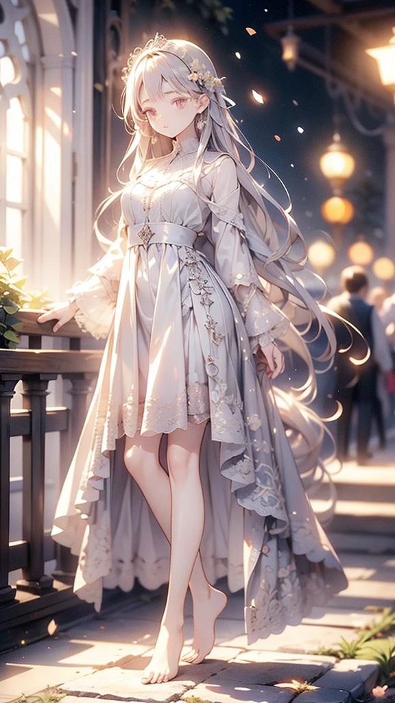 Highest quality, high detail, High definition, Detailed Background ,whole body, Beautiful girl in pale colors, Gorgeous princess dress, barefoot, flower, garden, gardenに多くのflower, star, night, Particles of light, Pale Tone Color, Lens flare, Depth of written boundary, Bokeh