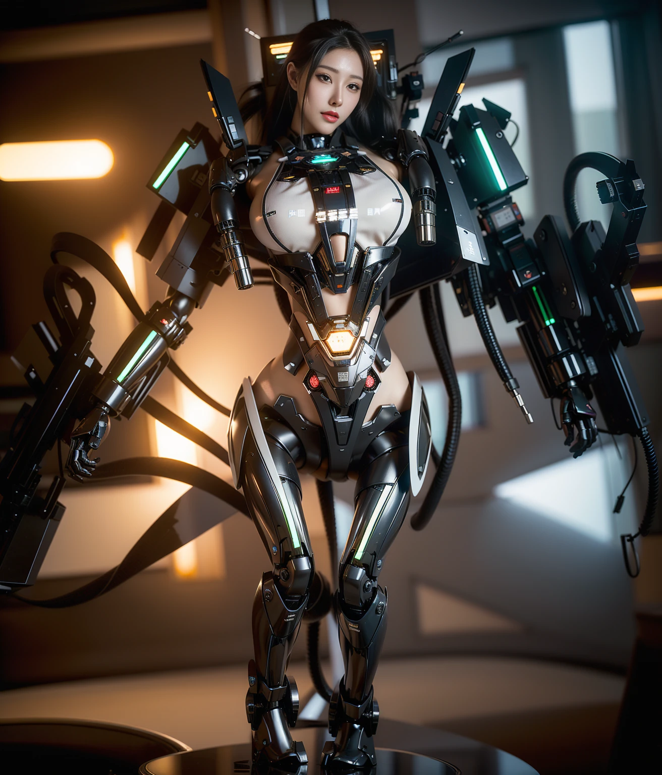 Super Detail, High Detail, high quality, best quality, High resolution，a female robot，Beautiful female robot,beautiful clear face(Rain waves_haneame：1.5)，mechanical body(whole body machinery，body curve，Large size chest)，Thick machine armor，high tech，Military