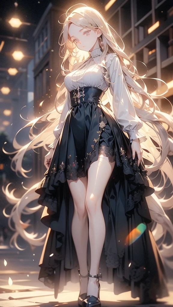 Highest quality,high detail, High definition, Detailed Background, Full body portrait, Composition from below, girl, Ample breasts, Blonde long hair, Red Eyes, ribbon, Voluminous black gothic dress, Fluttering in the wind, Keep hair down, Depth of written boundary, Bokeh, Lens flare, 