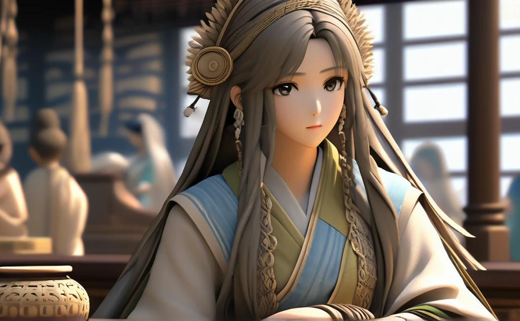 A poor womansat on a cloth store cash counter,face and eyes on right side, beautifully dressed, in ancient times, 3D, realistic anime character, extremely detailed face and eyes, long flowing hair, intricate details, photorealistic, cinematic lighting, muted color palette, dramatic shadows, high quality, masterpiece, 