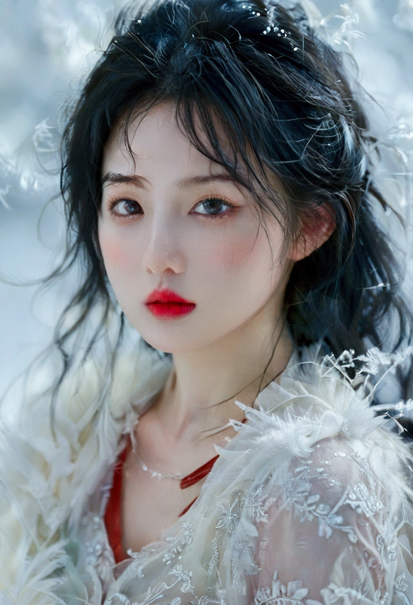 a beautiful young snow white, detailed portrait, face focus, red lips, black hair, red ribbon, pale skin, rosy cheeks, fantasy, high quality, 8k, detailed, photorealistic, glamorous, elegant, intricate, dramatic lighting, moody, cinematic, glowing skin, volumetric lighting, depth of field, realistic portrait, exquisite details, flawless